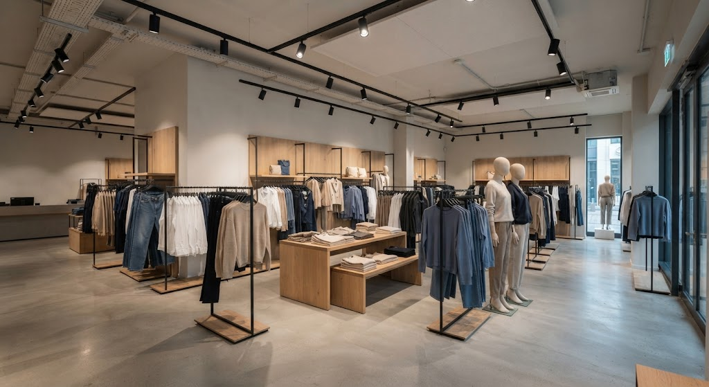 Modern European fashion store with black track lighting illuminating clothing displays, mannequins and merchandise tables.