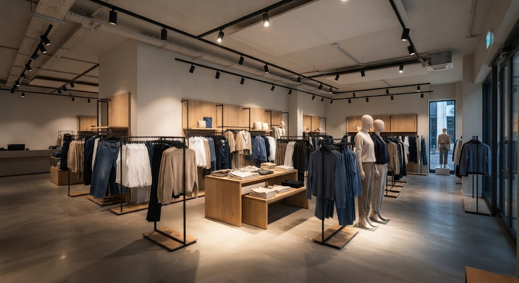 Fashion retail interior showing moderate ambient lighting with brighter accent illumination on clothing displays.