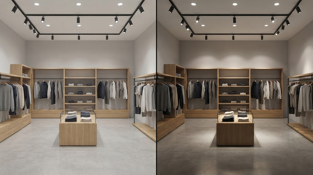 Conventional and digitally controlled retail lighting compared in one store