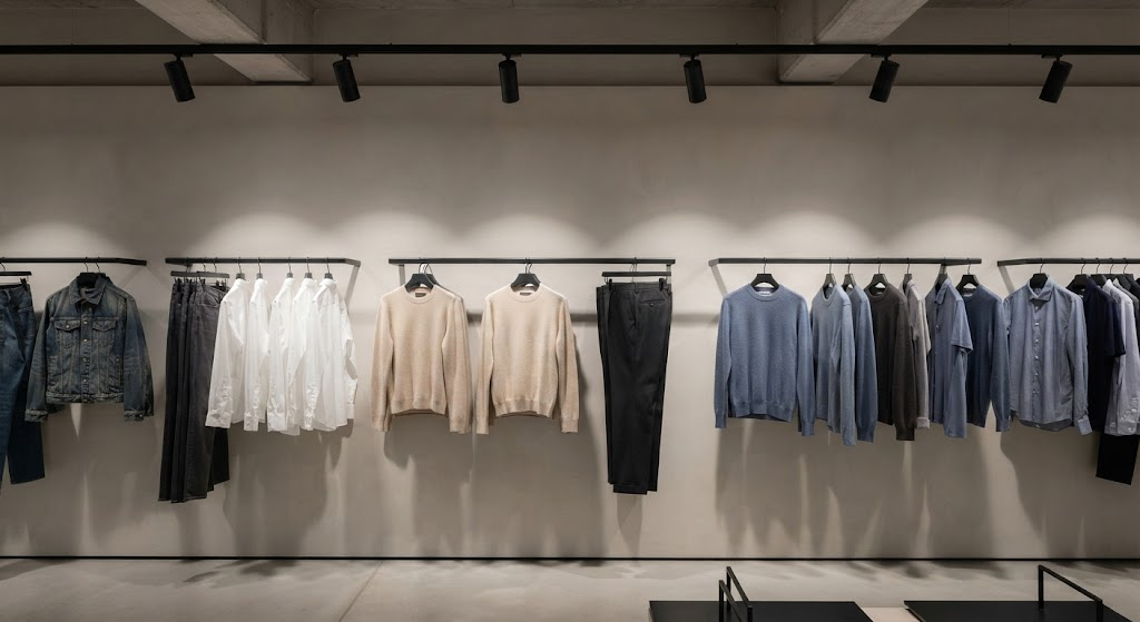 Black track spotlights providing vertical illumination across a clothing display wall in a modern fashion store.