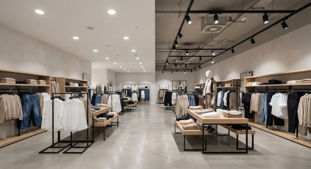 Fashion store track spotlights using narrow, medium and wide beam angles for different merchandise areas.