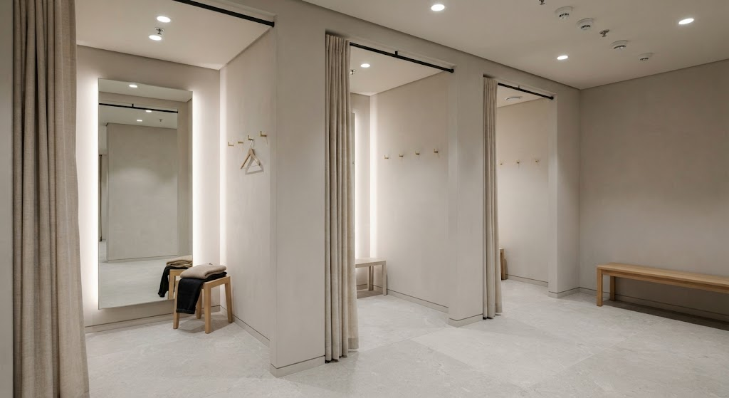 Balanced vertical and frontal lighting around mirrors in contemporary fashion store fitting rooms.