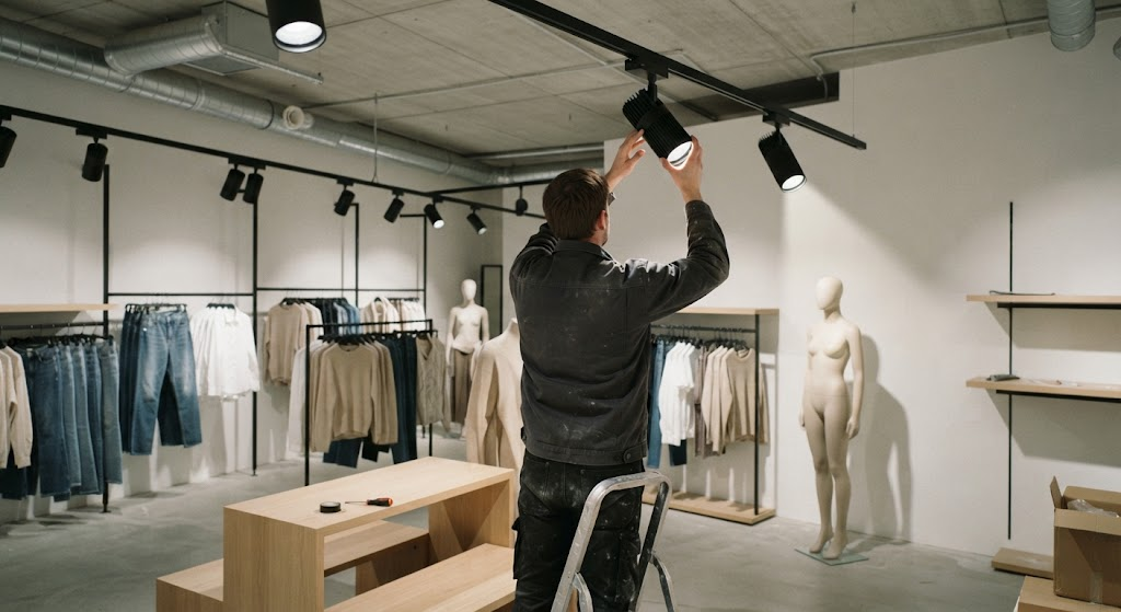 Lighting technician aiming adjustable LED track spotlights during final commissioning of a fashion store.