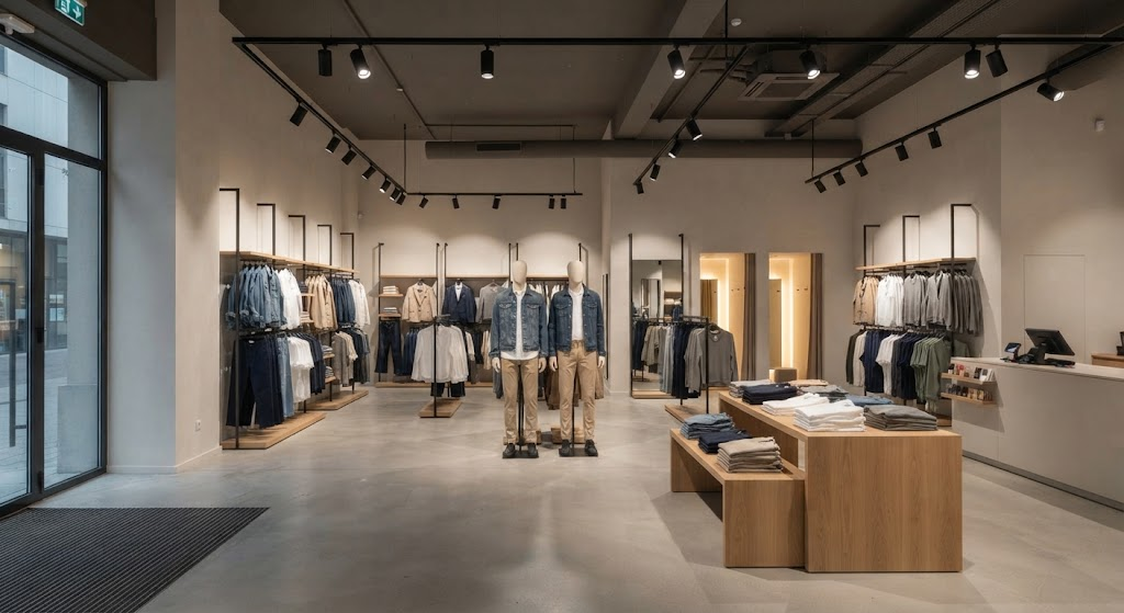 Layered LED lighting in a contemporary European fashion store combining ambient, vertical and accent illumination.