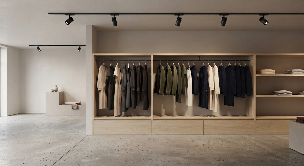 High-R9 LED track lighting illuminating red and burgundy clothing in a realistic European fashion store.