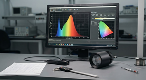 Professional LED test bench evaluating R9, spectral performance and color quality of a black track spotlight.