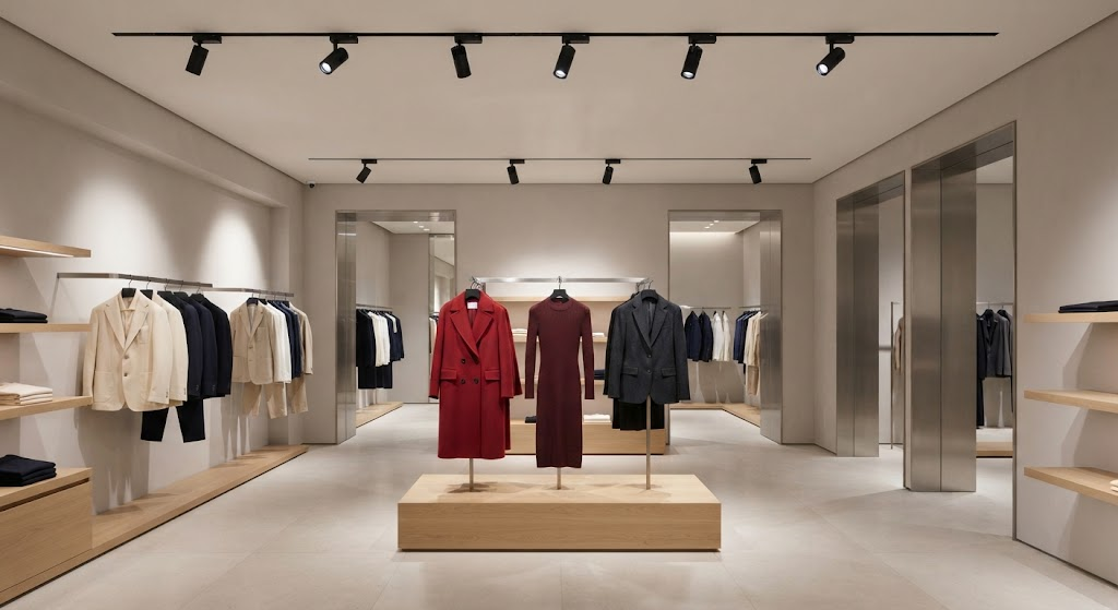 High-color-rendering LED track lighting illuminating clothing displays in a contemporary European fashion store.