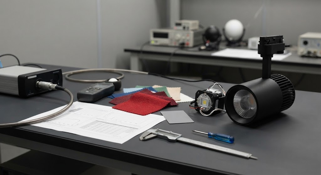 Professional LED test bench evaluating R9, spectral performance and color quality of a black track spotlight.