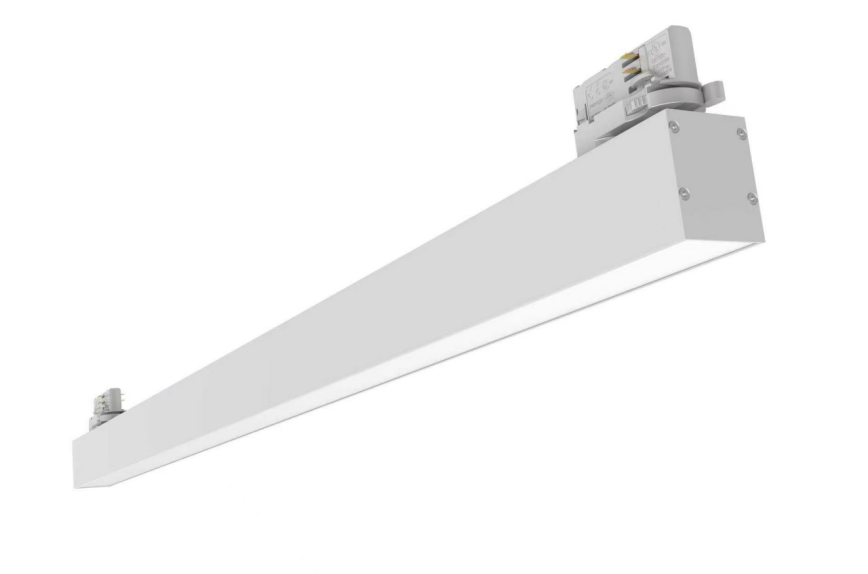 Close-up of a black track-mounted linear LED luminaire showing its aluminium housing, track adapter and optical diffuser.