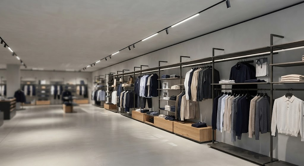 Premium flagship retail interior combining track linear LED lighting with adjustable accent spotlights in neutral 4000K light.