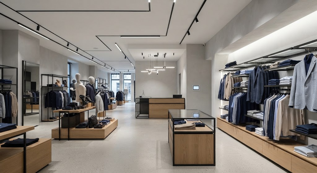 Modern retail store using track linear LED lighting with zoned digital lighting control.