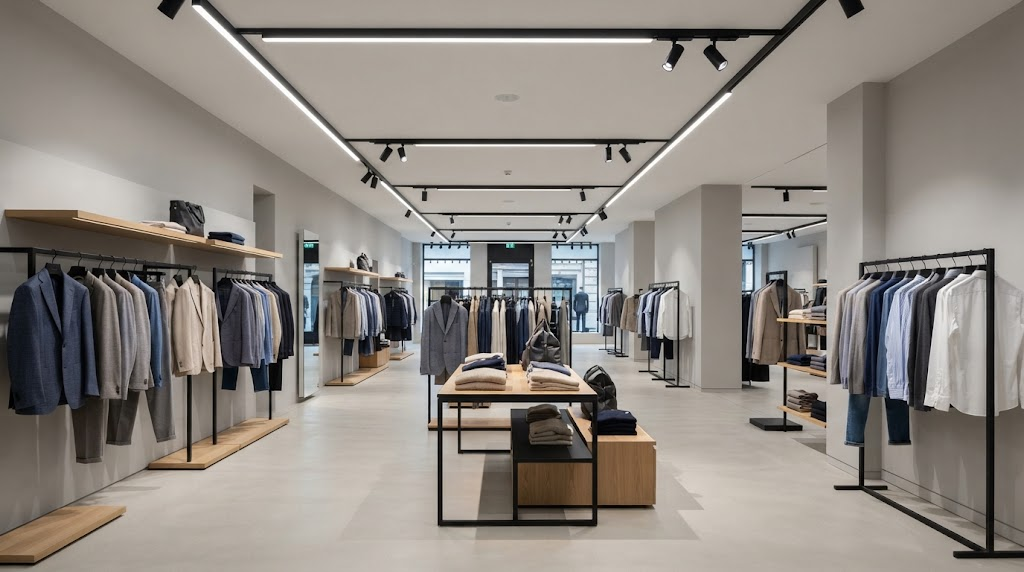 Premium flagship retail interior combining track linear LED lighting with adjustable accent spotlights in neutral 4000K light.