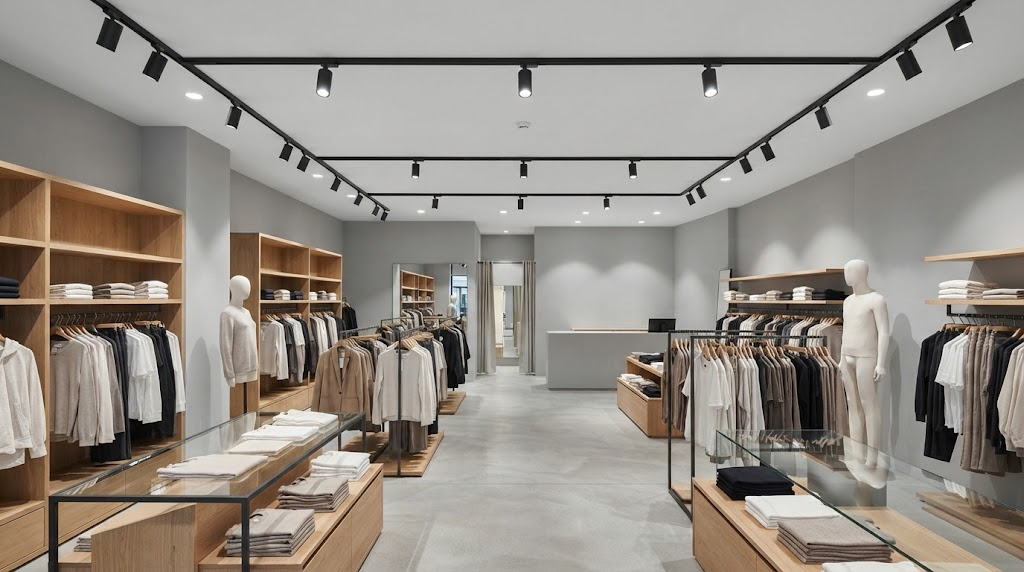 LED track spotlights illuminating clothing displays in a modern German retail store