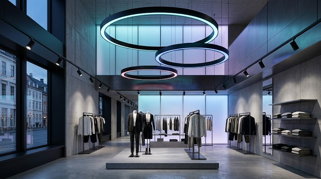 DMX512 RGB control for synchronized circular LED luminaires and track spotlights in a flagship retail store.