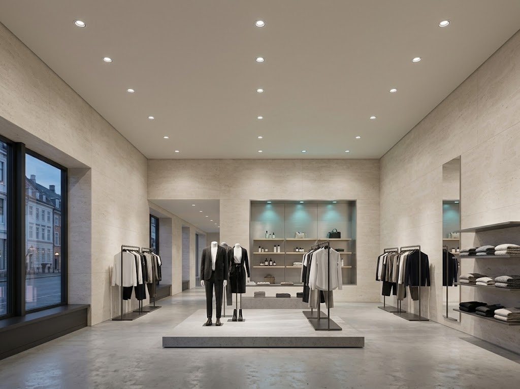 DALI DT8-compatible recessed RGB downlights providing addressable colour scenes in a modern commercial interior.