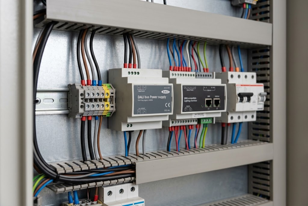 Commercial lighting control cabinet with wired lighting-control interfaces, DIN rail components and organized control wiring.