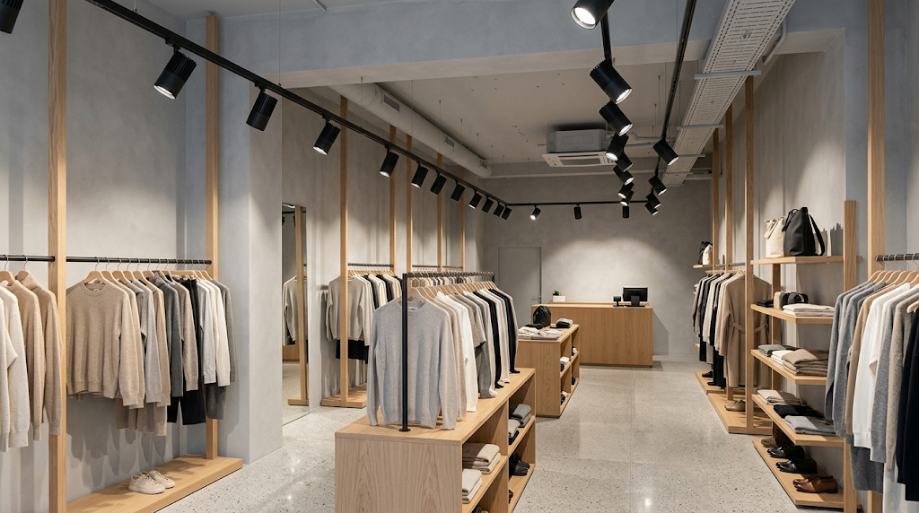 Smart lighting control with LED track spotlights in a modern retail store.