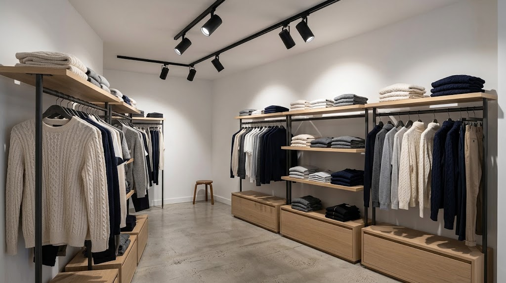 Dimmable LED track spotlights balance product accent lighting and ambient illumination in a fashion store.