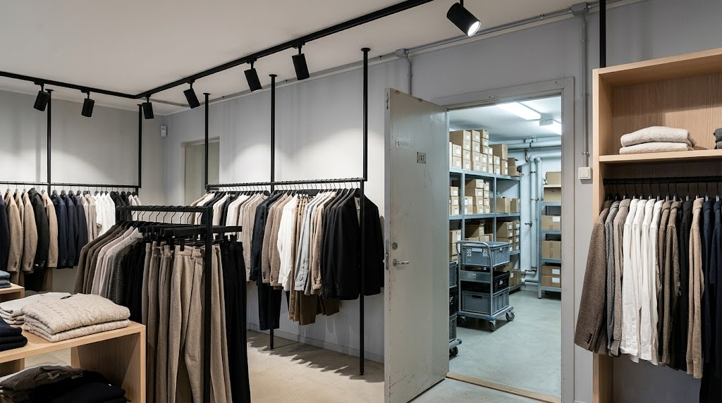 Separate lighting zones for a retail sales floor and stockroom.