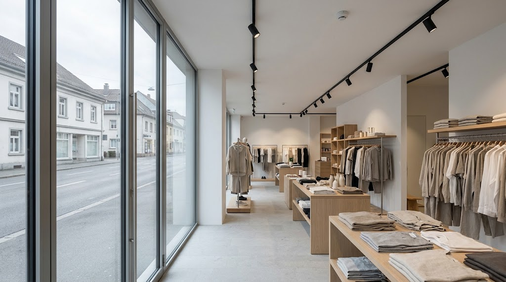 Daylight-responsive retail lighting combines natural window light with LED track spotlights.