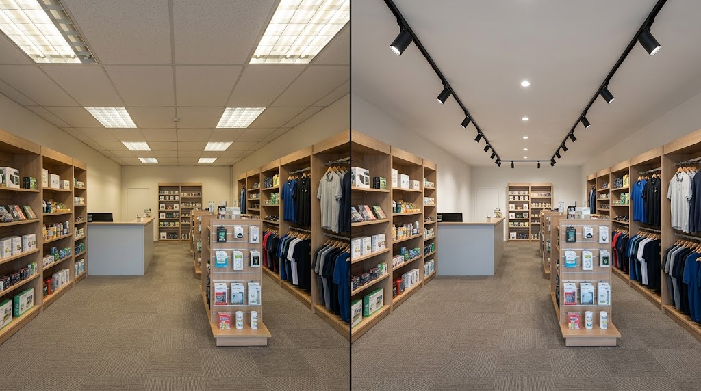 Retail lighting retrofit comparing conventional ceiling fixtures with LED track lighting and downlights.