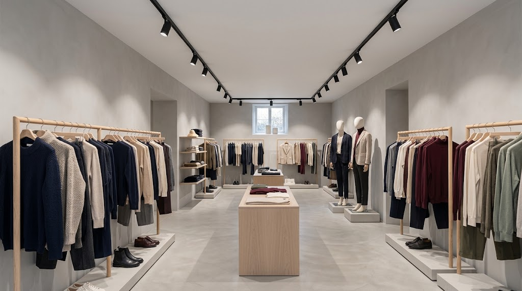 High-CRI LED track lighting illuminating clothing displays in a modern fashion boutique.