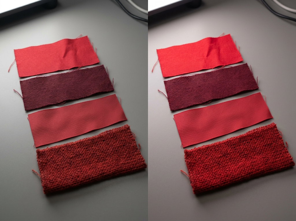 Red and burgundy fabric swatches compared under different LED color-rendering conditions.