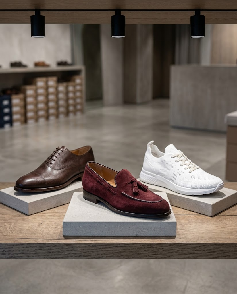 High-CRI retail spotlights revealing the textures of leather, suede and mesh footwear.