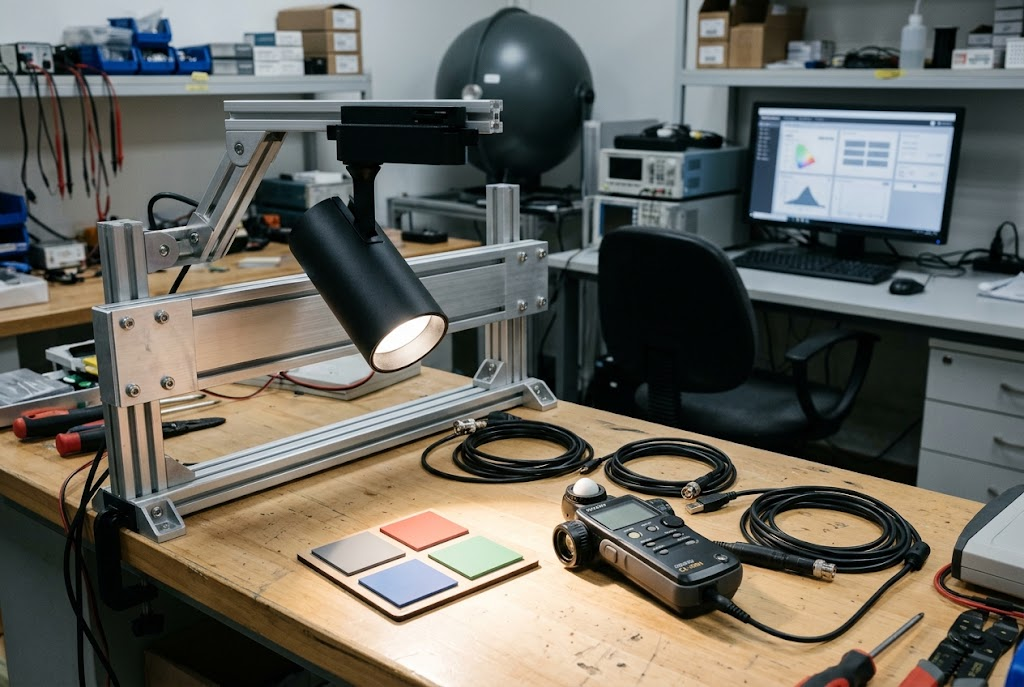 LED track spotlight and color-measurement instruments in a professional lighting test laboratory.