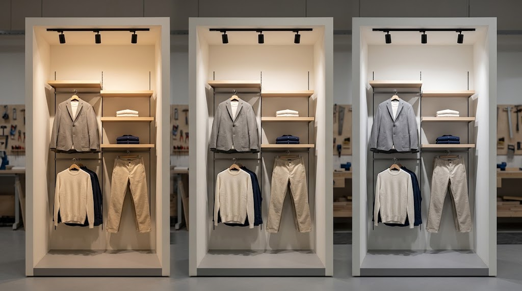 Three retail display bays illuminated with 3000K, 3500K and 4000K white light.