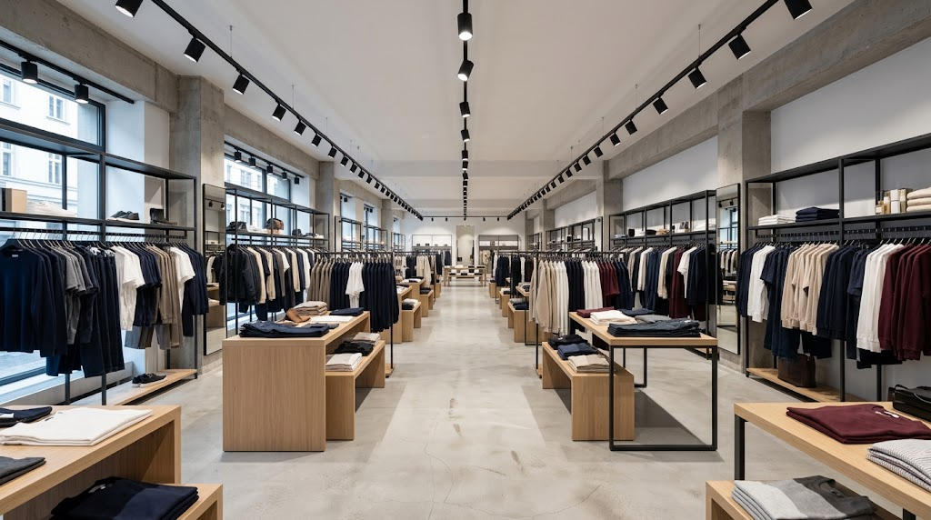 Consistent neutral-white track lighting across clothing displays in a modern fashion chain store.