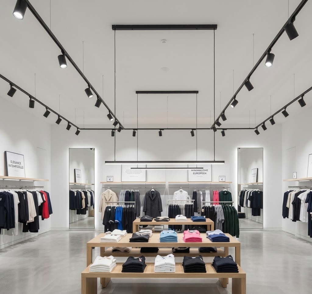 Consistent black track lighting in two European fashion stores with different layouts and matching neutral-white illumination.