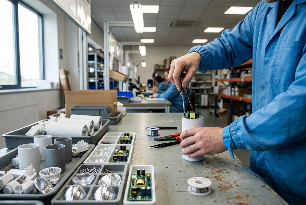 LED track spotlight assembly workstation in a commercial lighting manufacturing facility