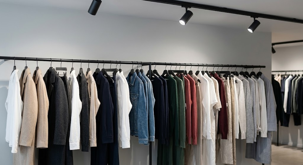 Neutral-white retail track lighting revealing realistic colours and fabric textures on a clothing display.