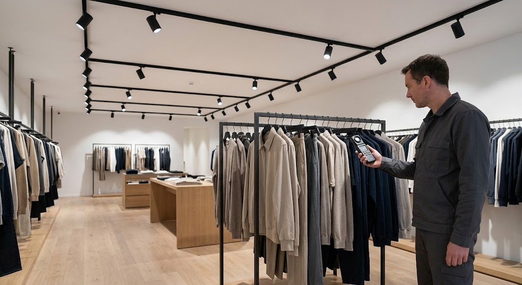 Technician measuring retail display illuminance with a handheld lux meter during lighting commissioning.