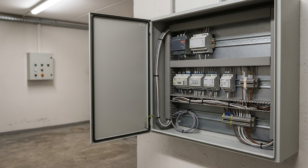 Commercial lighting control cabinet with organized wiring and control modules for a retail lighting installation.