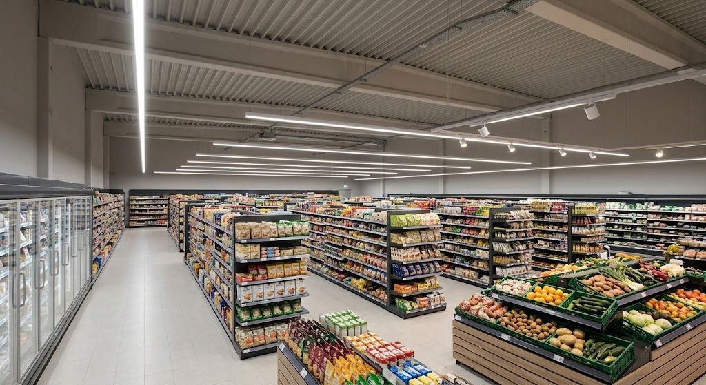 Consistent neutral-white commercial lighting across long supermarket aisles with coordinated linear LED luminaires.