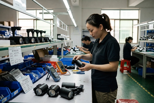 Quality inspection of LED track spotlights at a commercial lighting manufacturing workshop