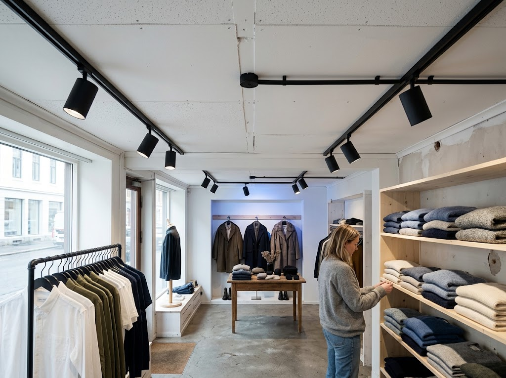 2.4 GHz wireless RGB track lighting in a refurbished fashion boutique with minimal additional control wiring.